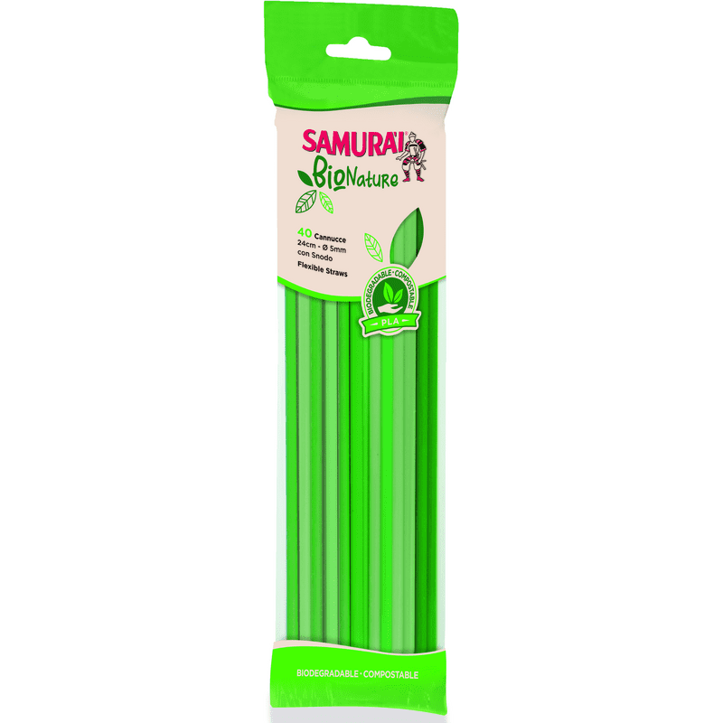 Cannucce verdi con snodo Samurai Bio Nature 24 cm x 5 mm — 40 pezzi, biodegradabili in PLA