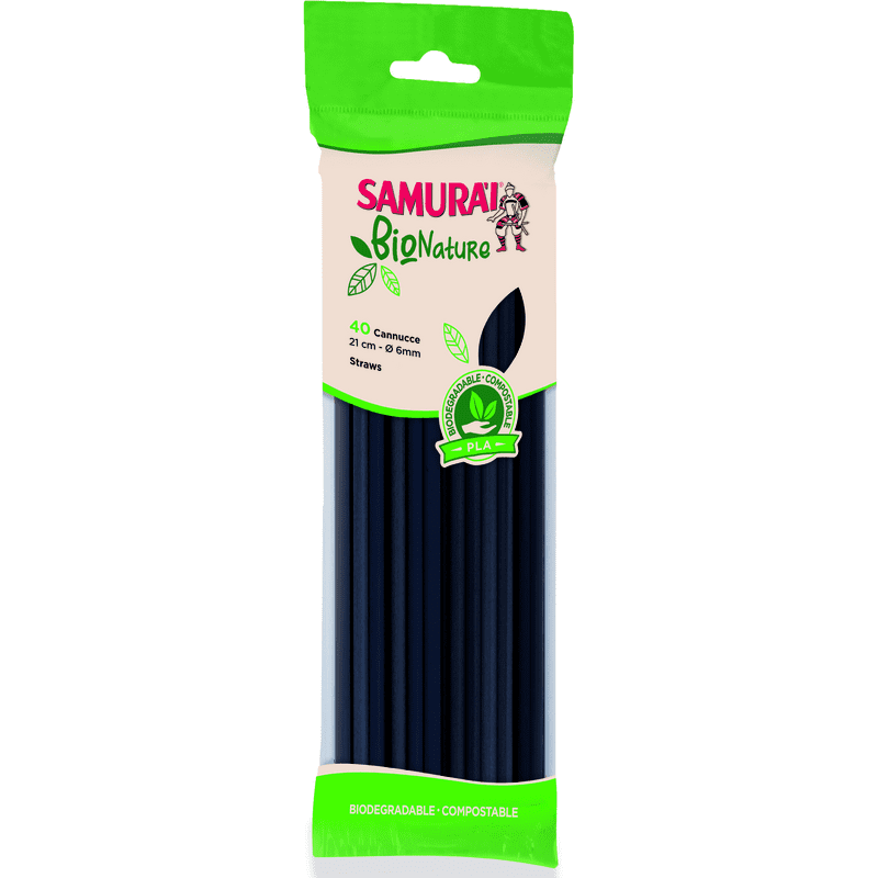 Cannucce nere dritte Samurai Bio Nature 21 cm x 6 mm — 40 pezzi, biodegradabili in PLA