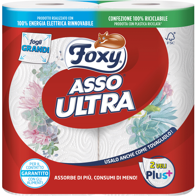 Foxy Asso Ultra carta cucina asciugatutto — 2 rotoli, fogli grandi, 3 veli decorato
