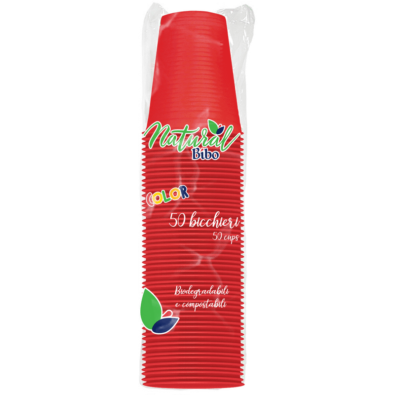 Bicchieri Bibo Natural Color rossi 200 cc — 50 pezzi, biodegradabili e compostabili