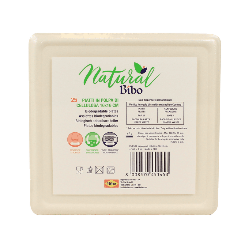 Piatti quadrati Bibo Natural Ø 16 cm — 25 pezzi, biodegradabili e compostabili