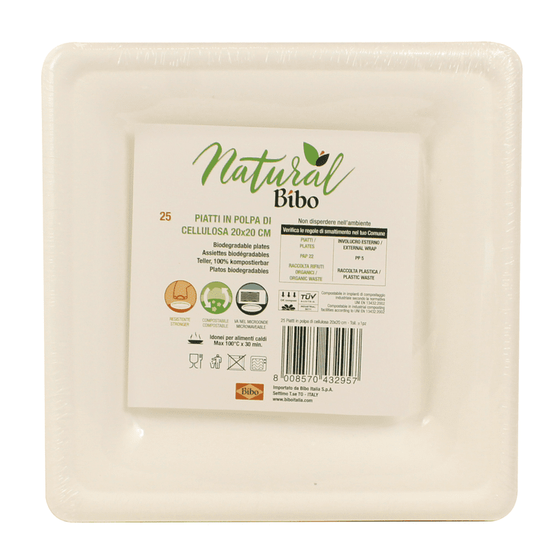 Piatti quadrati Bibo Natural Ø 20 cm — 25 pezzi, biodegradabili e compostabili