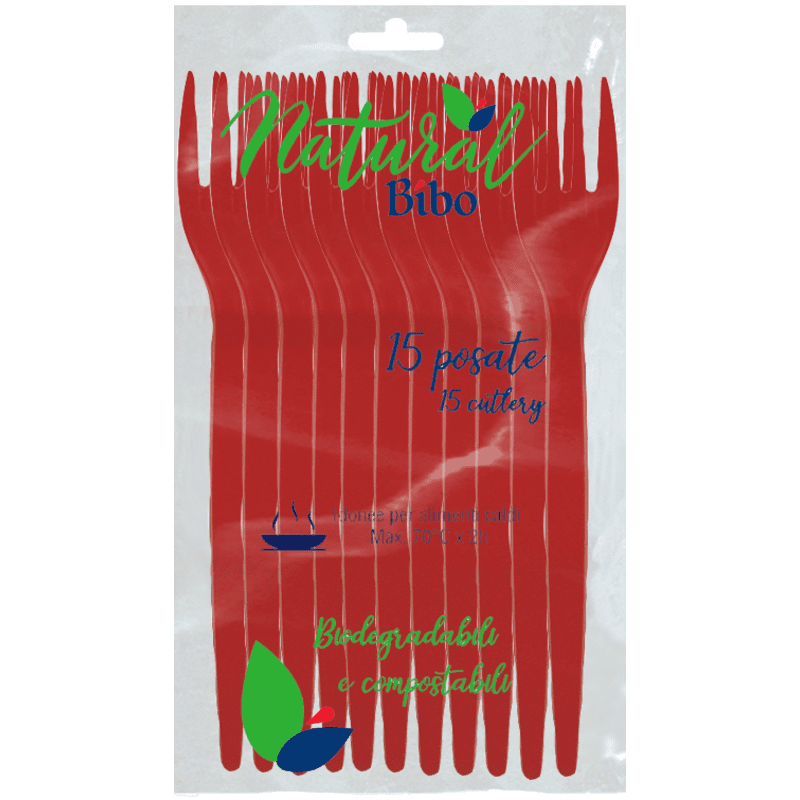 Forchette rosse Bibo Natural — 15 pezzi, biodegradabili e compostabili