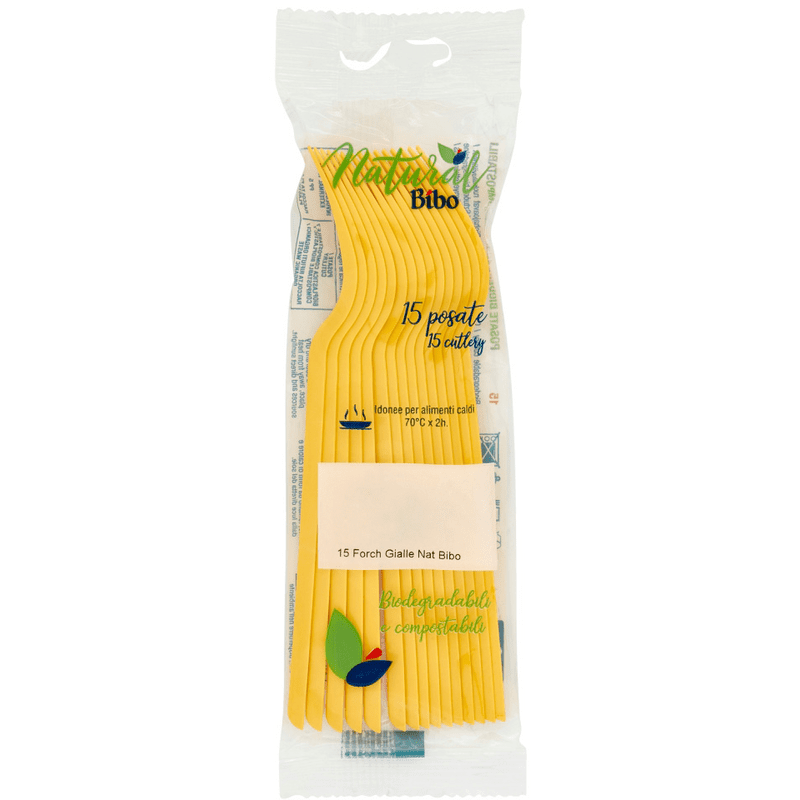Forchette gialle Bibo Natural — 15 pezzi, biodegradabili e compostabili