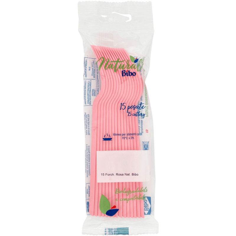 Forchette rosa Bibo Natural — 15 pezzi, biodegradabili e compostabili