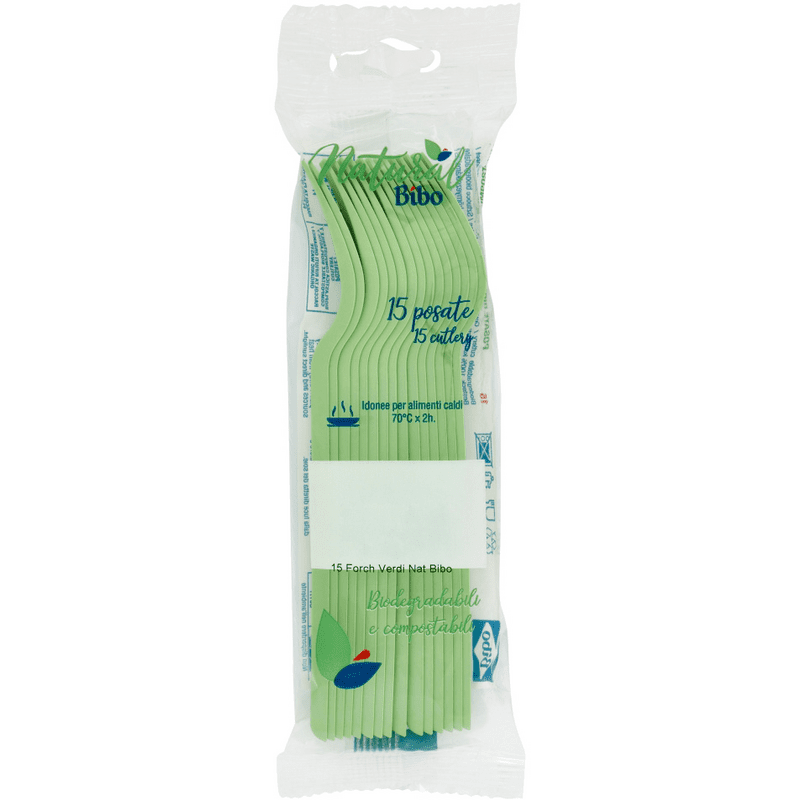 Forchette verdi Bibo Natural — 15 pezzi, biodegradabili e compostabili