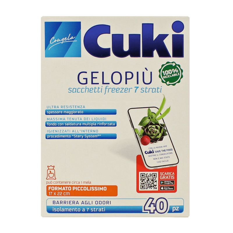 Sacchetti freezer Cuki Gelopiù — formato piccolissimo, 40 sacchetti, 0,7 litri, 17x22 cm