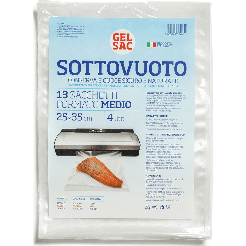 Sacchetti sottovuoto goffrati Gel Sac — formato medio 25x35 cm, 4 litri, 13 sacchetti