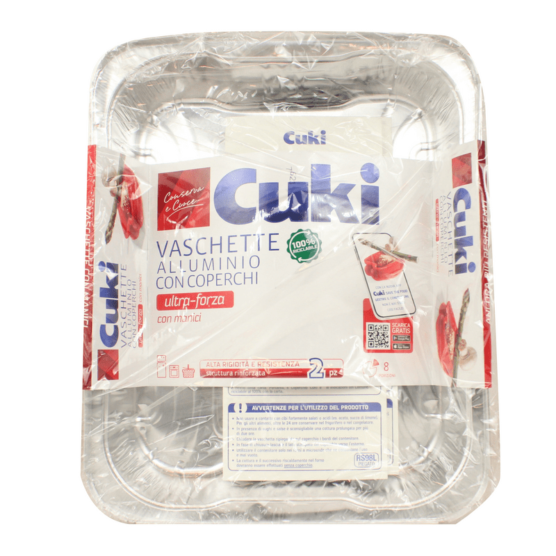 Vaschette alluminio con coperchi Cuki (R98) — 8 porzioni, 2 pezzi, 3 litri, 31,9x25,9x5 cm