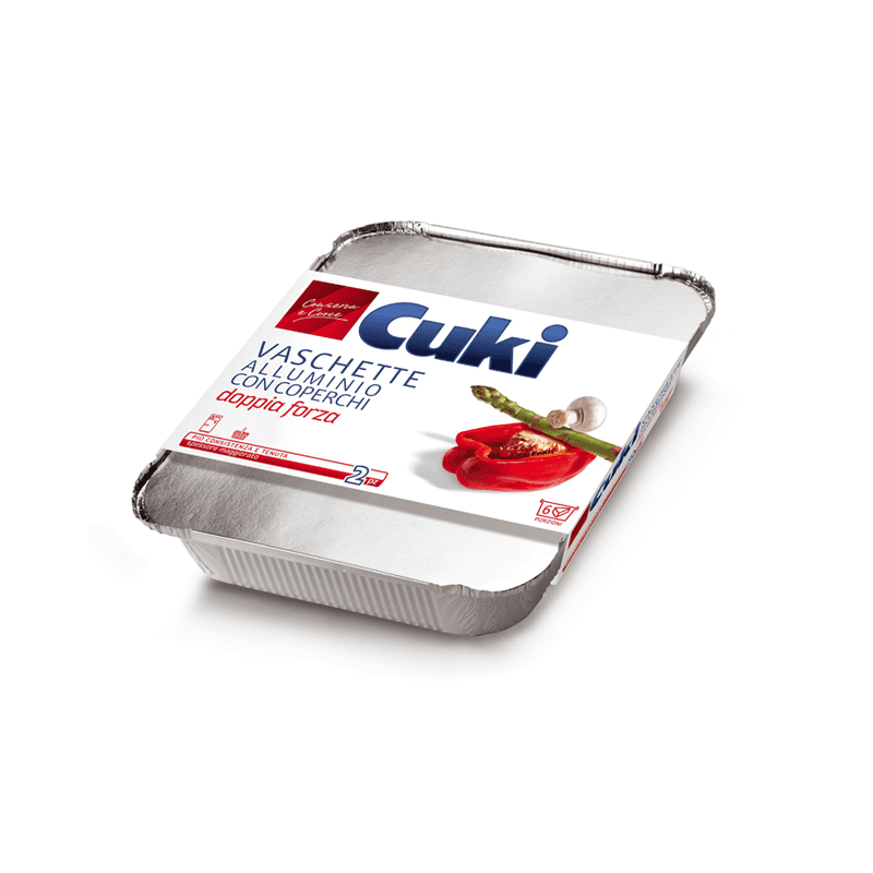 Vaschette alluminio con coperchi Cuki (R90) — 6 porzioni, 2 pezzi, 2,3 litri, 28,7x22,7x4,3 cm