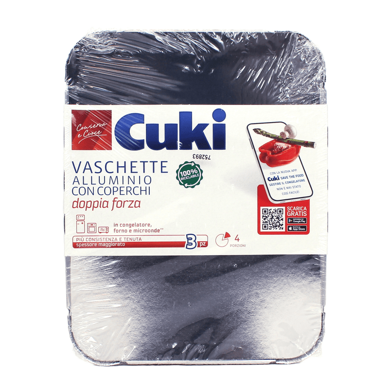 Vaschette alluminio con coperchi Cuki (R75) — 4 porzioni, 4 pezzi, 1,1 litri, 22,3x17,3x3,5 cm