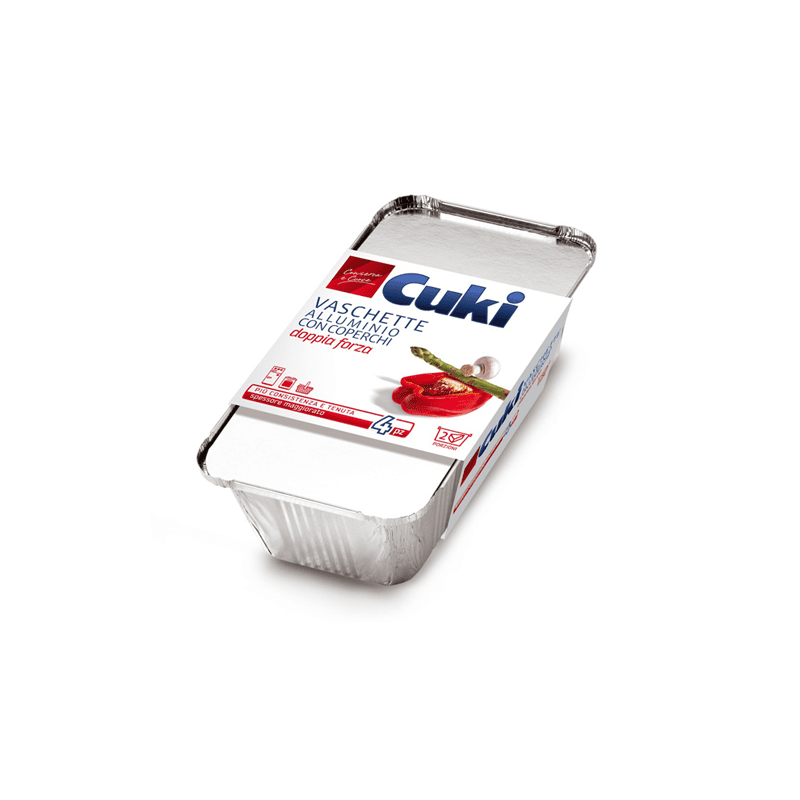 Vaschette alluminio con coperchi Cuki (R62) — 2 porzioni, 4 pezzi, 0,9 litri, 21,7x11,2x5,4 cm
