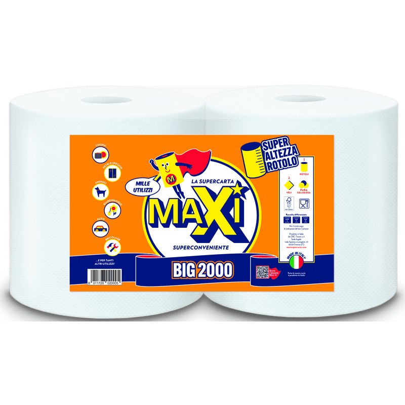 Maxi bobina asciugatutto Big 2000 — 2 rotoli, 2 veli, 424 strappi