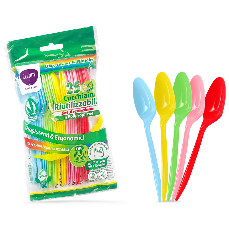 Cucchiaini di plastica riutilizzabili Clendy Home&Care, set arcobaleno — busta da 25 pezzi