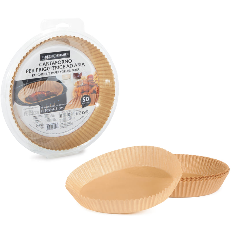 Perfetto cartaforno per friggitrice ad aria — diametro 20 cm, h 4,5 cm, biodegradabile e compostabile, 50 pezzi