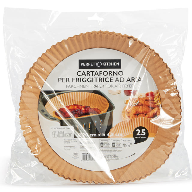 Perfetto cartaforno per friggitrice ad aria — diametro 20 cm, h 4,5 cm, biodegradabile e compostabile, 25 pezzi in busta
