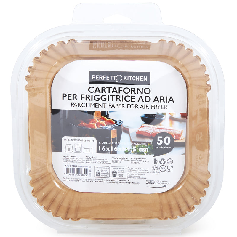 Perfetto cartaforno per friggitrice ad aria — 16 x 16 x 4,5 cm, biodegradabile e compostabile, 50 pezzi