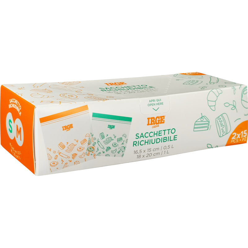 Buste alimentari richiudibili con zip Irge Casa — 15 pezzi 16,5x15 cm + 15 pezzi 18x20 cm