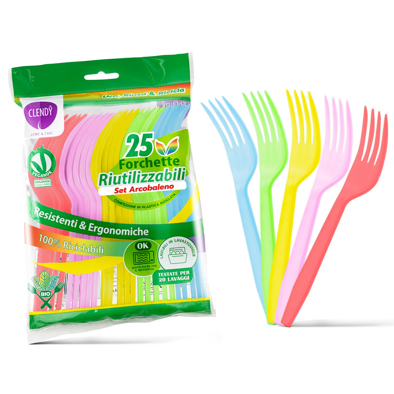 Forchette di plastica riutilizzabili Clendy Home&Care, set arcobaleno — busta da 25 pezzi