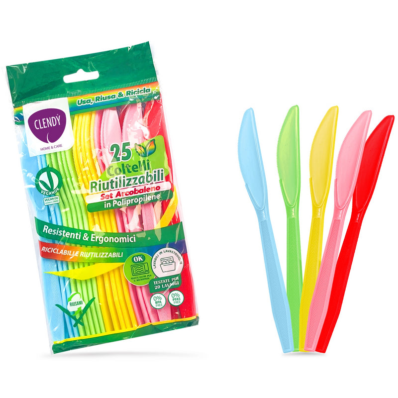 Coltelli di plastica riutilizzabili Clendy Home&Care, set arcobaleno — busta da 25 pezzi