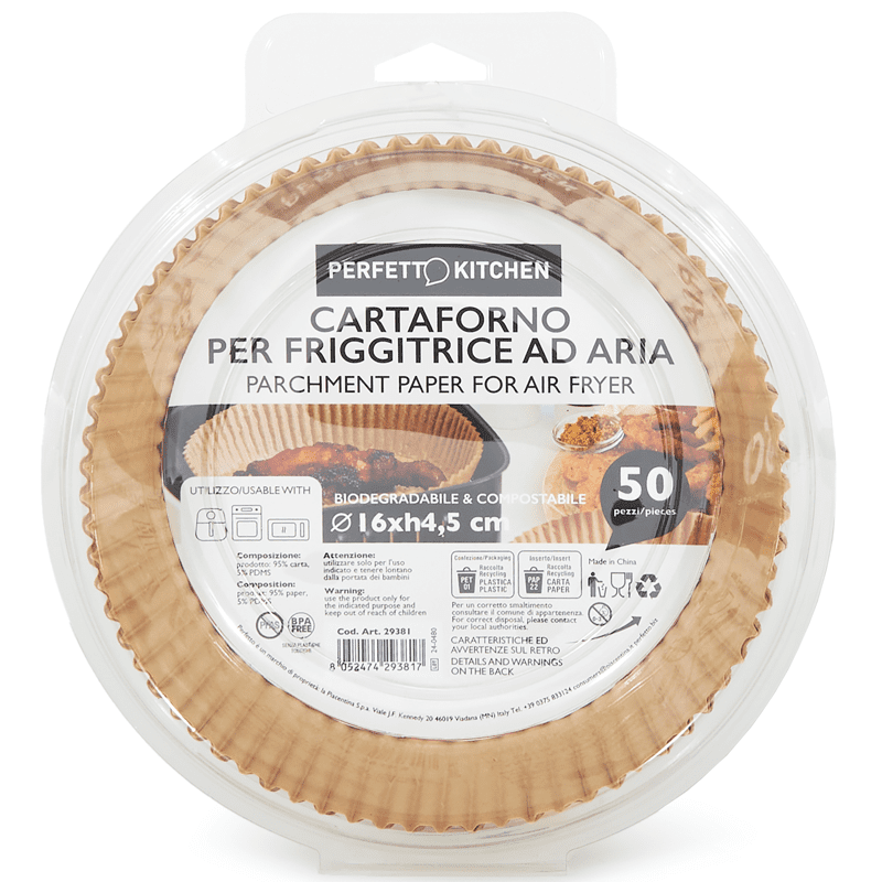 Perfetto cartaforno per friggitrice ad aria — diametro 16 cm, h 4,5 cm, biodegradabile e compostabile, 50 pezzi