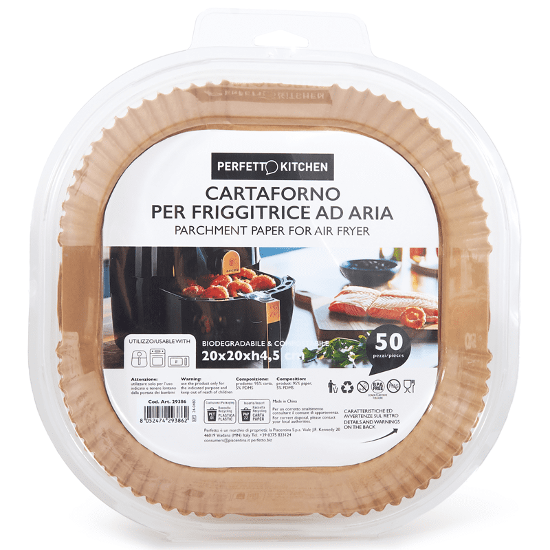 Perfetto cartaforno per friggitrice ad aria — 20 x 20 x 4,5 cm, biodegradabile e compostabile, 50 pezzi