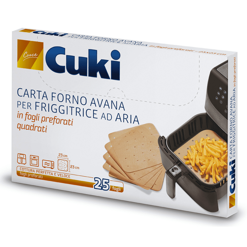 Cuki carta forno Avana per friggitrice ad aria — 25 fogli preforati, 23x23 cm