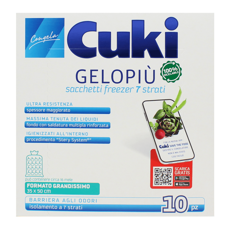 Sacchetti freezer Cuki Gelopiù — formato grandissimo, 10 sacchetti, 11 litri, 35x50 cm