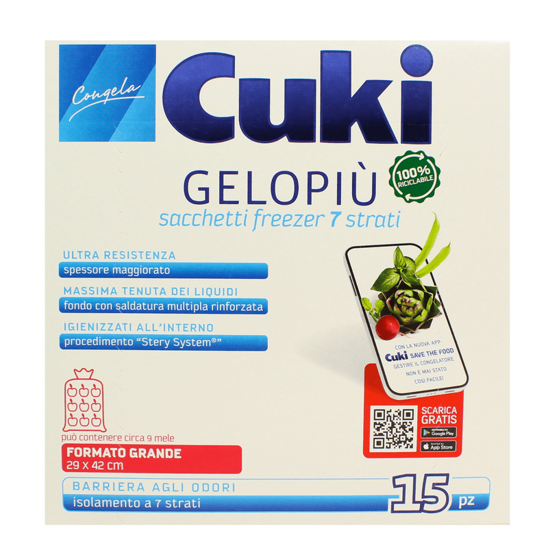 Sacchetti freezer Cuki Gelopiù — formato grande, 15 sacchetti, 6 litri, 29x42 cm