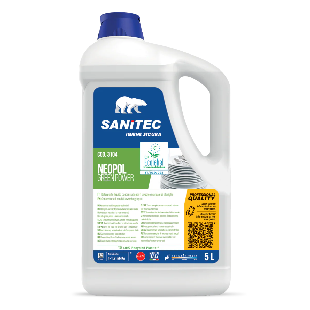 Neopol Green Power Sanitec — detergente liquido concentrato Ecolabel, 5 L