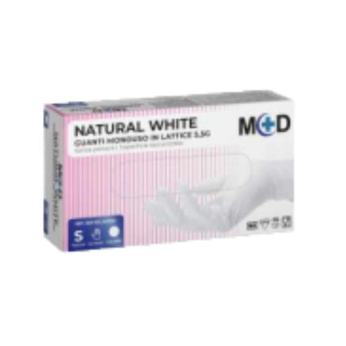 Guanti monouso in lattice Natural White — 5,5 g, confezione da 100 pezzi, taglie S-XL