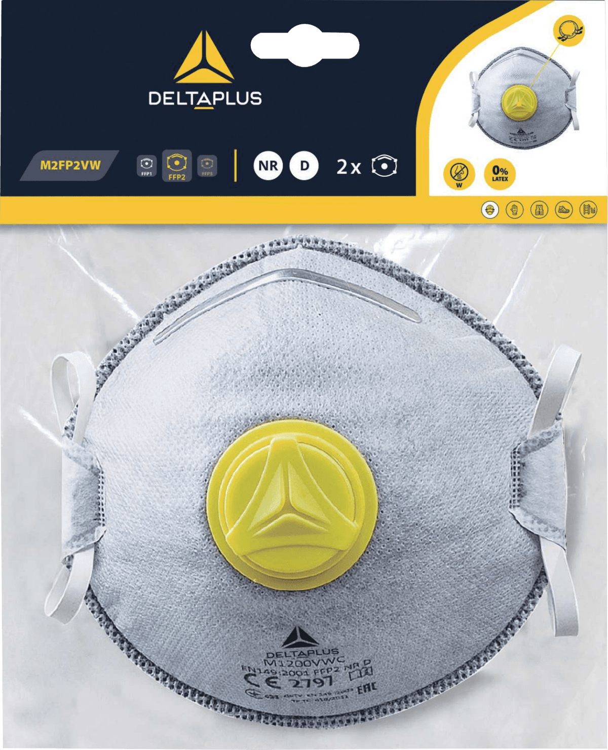 Mascherine filtranti monouso M2FP2VW — P2 vapori organici con valvola, confezione da 2 pezzi