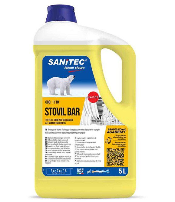 Stovil Bar Sanitec — detergente alcalino per lavaggio meccanico di bicchieri e stoviglie, 5 L